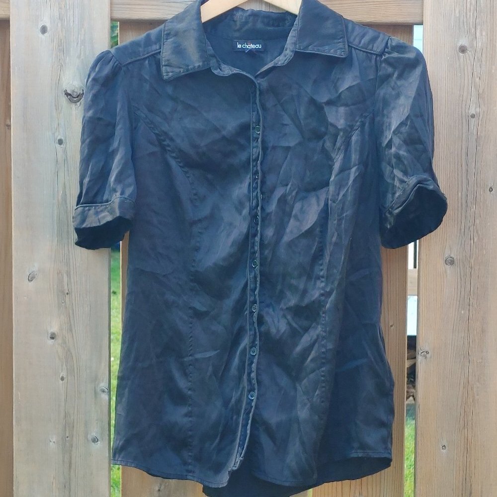 Le Chateau Black Silk Button Up Shirt Women's Size Large